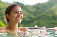 Young Hispanic woman relaxing in outdoor spa pool with floating flowers, expressing joy and serenity against lush mountain backdrop. Natural wellness concept.