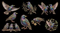 Iridescent starling birds clipart set isolated on transparent background, ready for t-shirt design, stickers, sublimation, and print on demand crafts.