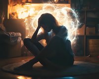Silhouette of person sitting alone surrounded by glowing light trails creating ethereal atmosphere in dark room. Conceptual representation of mental health and emotions.