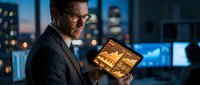 Professional businessman in suit using glowing digital tablet with financial data charts in modern office at night with city skyline background.