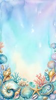 Watercolor ocean background with seashells, starfish, coral, and pebbles border, soft teal and pastel tones, copy space for text.