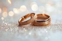 Golden wedding rings with textured and smooth surfaces lying on glittering silver background with soft bokeh lights, romantic celebration symbol of marriage and love.