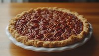 Fresh baked pecan pie with flaky golden crust and glossy caramelized filling arranged in concentric circles of nuts on white ceramic plate on wooden table.
