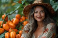 Smiling mature woman with long gray hair wearing straw hat and floral dress in orange garden. Natural outdoor portrait with fresh citrus fruits.