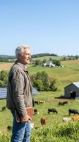 Senior Caucasian farmer with gray hair standing on hillside overlooking pastoral landscape with grazing cattle and green fields on sunny day.