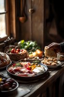 Rustic table setting with Mediterranean appetizers, fresh bread, prosciutto, cheese and vegetables in moody natural window light, hand reaching for bread.