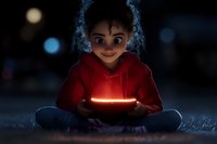 Young boy in red hoodie sitting cross-legged at night, holding glowing device with magical light effect, surrounded by mystical smoke and bokeh lights in dark atmosphere.
