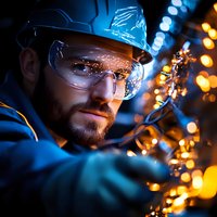 Bearded industrial worker in protective gear with sparks flying during metal grinding operation. Blue and orange dramatic lighting creates atmospheric workplace scene.