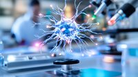 Glowing neuron cell with synaptic connections floating above microscope in laboratory setting, illuminated with blue and pink lights against blurred scientific equipment background.