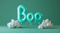 Dripping turquoise balloon text spelling Boo with fluffy white clouds on mint green background, spooky cute Halloween lettering design for seasonal decor and greeting cards.