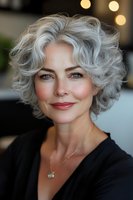 Confident mature woman with stylish silver gray curly hair and natural makeup wearing black blazer smiles warmly against soft bokeh background.
