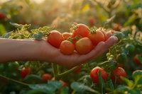 Fresh cherry tomatoes held in farmer's hand at sunset, natural organic produce glowing in golden sunlight against green garden background, perfect for food and agriculture marketing.