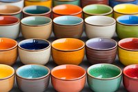 Colorful ceramic bowls arranged in rows showcasing vibrant glazed interiors in orange, blue, green, yellow and red. Handcrafted pottery collection with modern design.