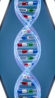 DNA double helix structure with colorful pharmaceutical capsules as genetic code representing personalized medicine and pharmacogenomics research.