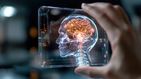 Futuristic medical visualization showing glowing human brain and skull profile on transparent digital display, highlighting neural activity and anatomy for healthcare.