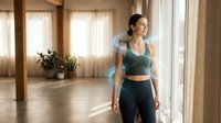 Young athletic woman in sportswear holding yoga mat in bright modern studio with wooden floors and natural lighting for fitness and wellness activities.