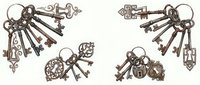 Vintage ornate keys and locks with decorative details arranged in bunches on rings, featuring antique brass finishes and intricate designs for steampunk, security, or historical themes.