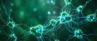 Microscopic neural network with glowing synapses and electrical connections in turquoise green, showing brain cell communication and neuroscience research concepts.