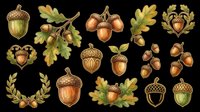 Acorns and oak leaves isolated on transparent background, ready for t-shirt design, clipart, stickers, sublimation, and print-on-demand products.