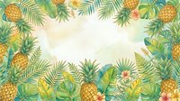 Tropical pineapple and palm leaf border frame with cream center space, featuring golden fruits and lush green foliage for summer designs and invitations.