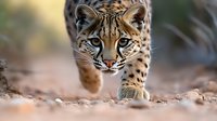 Young ocelot walking forward on sandy ground with spotted coat pattern and intense gaze in natural wildlife habitat for conservation and nature photography.