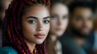 Young African American woman with colorful burgundy and orange dreadlocks and natural makeup smiling confidently, wearing teal top, with blurred people in background.