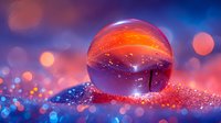 Crystal ball on sparkling surface reflects magical sunset sky with silhouette of tree, dreamy bokeh lights create mystical atmosphere in pink and blue tones.