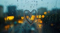 Heart drawn on rainy window glass with blurred city lights in background creating romantic atmosphere during evening downpour.