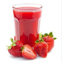 Strawberry juice in clear glass with fresh ripe berries and green leaves on white background, suitable for beverage, food and drink, and healthy lifestyle designs.