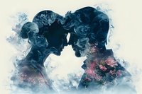 Romantic silhouettes of loving couple in profile with smoky effect and floral elements, double exposure style artwork in blue and pink tones on light background.
