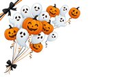Halloween balloons with carved pumpkin faces and ghost designs on strings with black bows, isolated on white background for seasonal party decorations and festive designs.