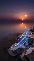 Glowing holographic feather on rocky shore at sunset with calm ocean water reflection and purple orange sky for spiritual meditation concepts.