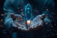Glowing blue rocket hologram floating above open palms against dark background with magical sparkles and bokeh lights creating futuristic startup concept.