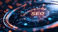 Glowing SEO text on futuristic circular interface with digital elements and blue bokeh lights against dark background, modern technology concept for online marketing.