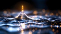 Glowing spiral peak emerges from rippling metallic waves with golden bokeh lights creating mystical abstract landscape in dark blue tones. Macro photography.