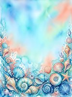 Watercolor ocean border with seashells, starfish, and coral in soft blue and peach tones, leaving copy space for text or design use.