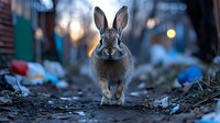 Wild brown rabbit standing on dirt path among urban debris at dusk, with soft bokeh lights in background creating moody atmospheric scene.
