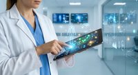 Female doctor using digital tablet with holographic medical interface in modern hospital laboratory for healthcare technology research.