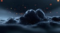 Mysterious dark landscape with glowing orange particles floating above mountainous terrain in foggy atmosphere. Moody nighttime scene with ethereal lighting effects.