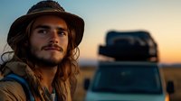 Young bearded man with long hair wearing bucket hat smiling at sunset, with car and rooftop cargo carrier silhouette in background during outdoor adventure.