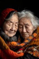 Elderly Asian women with gentle smiles embrace warmly, wearing colorful winter scarves and knit hat against dark background, expressing peace and contentment.