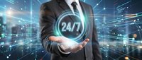 Professional businessman in dark suit holding glowing 24/7 service symbol with futuristic digital network connections and light effects for customer support.