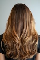 Back view of woman with caramel balayage hair showing smooth, wavy styling with golden highlights against neutral background.