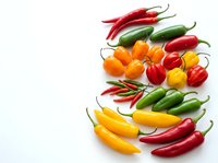 Assorted fresh chili peppers and bell peppers arranged on white background. Isolated produce for culinary, cooking, and food design projects.