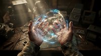 Young adult male with medium skin tone holding glowing digital globe with holographic network connections, representing global technology, data transfer, and worldwide communication in modern workspace setting.