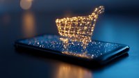 Glowing shopping cart hologram floating above smartphone screen with bokeh lights, representing digital commerce and mobile shopping technology.