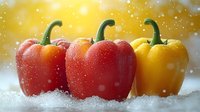 Fresh red and yellow bell peppers with water drops on snowy white surface against golden bokeh background, healthy organic vegetables in winter setting.