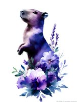Artistic purple bear illustration with watercolor floral elements on white background, standing pose surrounded by lavender and violet flowers, isolated design.