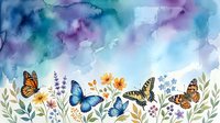 Watercolor butterfly garden with monarch, blue morpho and swallowtail butterflies among wildflowers and lavender on dreamy pastel background.