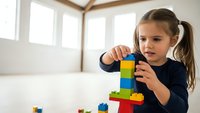 Young girl with pigtails building colorful tower with plastic blocks in bright playroom. Child development and educational toy play activity.